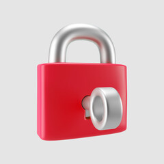 Wall Mural - 3d red locked padlock icon with key isolated on gray background. Render minimal closed padlock with a keyhole. Confidentiality and security concept. 3d cartoon simple vector illustration