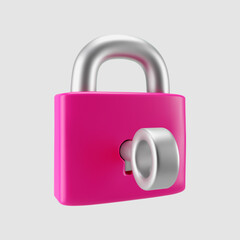 Wall Mural - 3d pink locked padlock icon with key isolated on gray background. Render minimal closed padlock with a keyhole. Confidentiality and security concept. 3d cartoon simple vector illustration