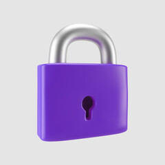 Wall Mural - 3d purple locked padlock icon isolated on gray background. Render minimal closed padlock with a keyhole. Confidentiality and security concept. 3d cartoon simple vector illustration