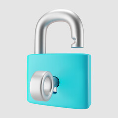 Wall Mural - 3d blue unlocked padlock icon with key isolated on gray background. Render minimal open padlock with a keyhole. Confidentiality and security concept. 3d cartoon simple vector illustration