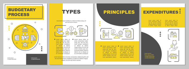 Government budgeting yellow brochure template. Financial plan. Leaflet design with linear icons. 4 vector layouts for presentation, annual reports. Arial-Black, Myriad Pro-Regular fonts used