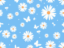 Seamless Pattern With Daisy Flower And Butterflies On Blue Background Vector.