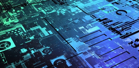 Futuristic electronics processor or IC circuit pattern surface.  Abstract sci-fi hi-tech equipment or facility background. Blue surface. 3D Illustration,3D rendering.