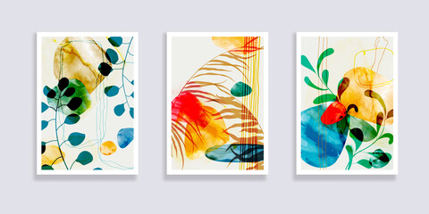 Trendy set of minimalist tropical leaves and abstract forms. Minimal botanical wall art. Mid century modern graphic. Plant art design for social media, blog post, print, cover, wallpaper. Vector