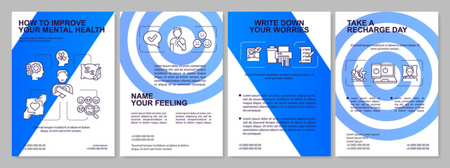 How to improve your mental health blue brochure template. Self care methods. Leaflet design with linear icons. 4 vector layouts for presentation, annual reports. Arial, Myriad Pro-Regular fonts used