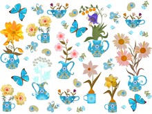 Beautiful Seamless Pattern Of Blue Richly Decorated Teapots, Cups, Mugs, Gravy Boats Used As Flower Pots And Large Butterflies On A White Background In Vector. Print For Fabric, Wallpaper.