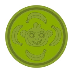 Sticker - Young child dressed up in a monkey costume, smiling, surrounded by bananas in a round icon