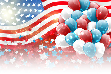 Wall Mural - 4th of July United States national Independence Day celebration glowing background with American flag, confetti, and balloons. Party concept. Vector illustration.