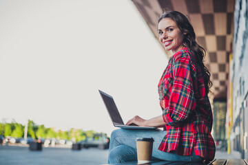 Poster - Profile side view portrait of beautiful skilled cheerful girl using laptop preparing presentation marketing sunny day outdoors