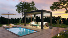 3D Illustration Of Outdoor Wooden Deck With Black Pergola At Sunset.