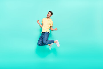 Aufkleber - Full body portrait of satisfied glad man raise fists celebrate triumph isolated on teal color background