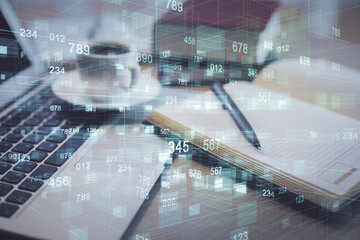 Aufkleber - Double exposure of technology theme drawing and desktop with coffee and items on table background. Concept of data research.