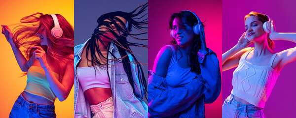 Wall Mural - Collage made of four models, young emotional girls dancing on multicolored background in neon. Concept of human emotions, facial expression, sales.