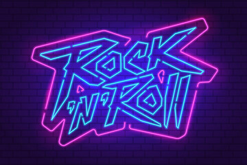 Wall Mural - Rock n Roll Neon light Sign editable vector template. Neon banner design for Rock music, Light sign, Bright Night Advertising, Design Elements for Rock music festival