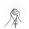 Hands folded in prayer with crucifix on beads, pray for god, faith and hope concept, vector