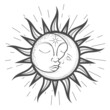 Crescent moon inside sun with face, closed eyes, magical or astrology zodiac sign, tarot sorcery, esoteric symbol, vector