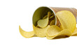 Heap of Potato Chips spilling from Can isolated on white