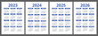 Calendar 2023, 2024, 2025 and 2026. Blue color vector pocket calender design set. Week starts on Sunday
