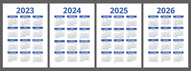 Calendar 2023, 2024, 2025 and 2026. Blue color vector pocket calender design set. Week starts on Sunday