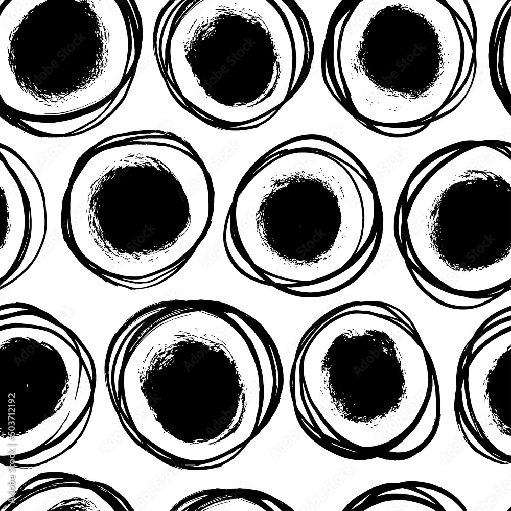 Grunge circles vector seamless pattern. Hand drawn black brush painted ...
