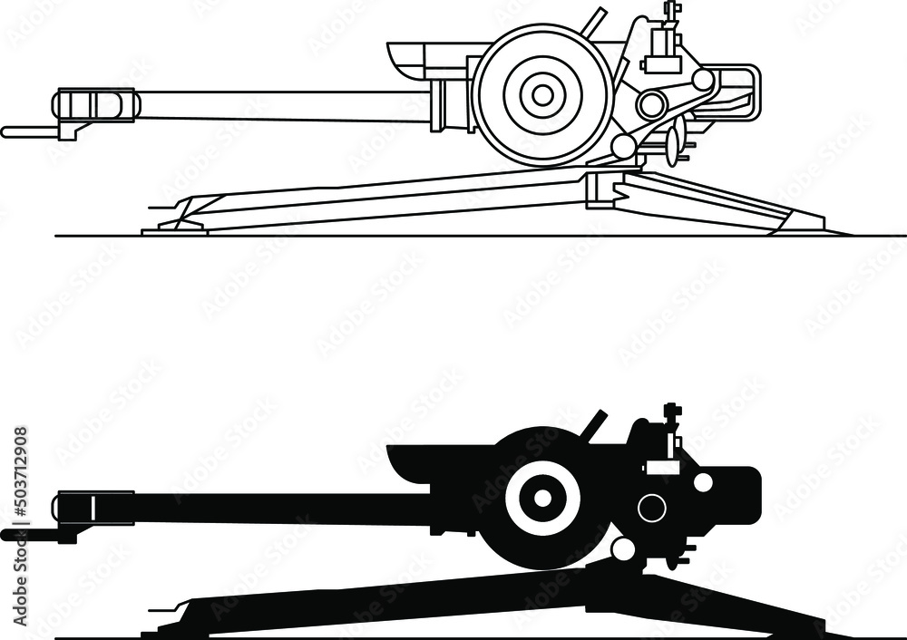 Howitzer icon, drawing, diagram and silhouette vector image.