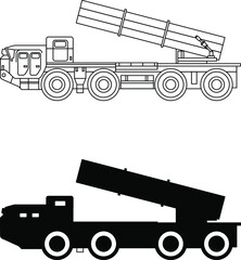 Air defense, MLRS, salvo fire system icon, drawing, diagram and silhouette vector image.