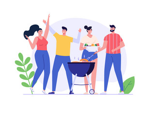 Wall Mural - Barbecue party concept. People at a picnic cooking a barbecue grill outdoors. Barbecue party banners with dancing people at picnic on white background. Vector illustration.