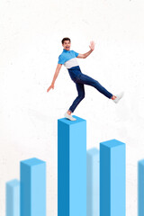 Poster - Photo artwork minimal collage of handsome guy walking rising blue unusual ladder isolated white colorful background