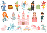 Fototapeta Tulipany - Set of cartoon fairy tale characters. Princess, prince, fairy, pegasus, stargazer, swan, knight, witch, mermaid, gnome, unicorn, frog princess, jester, carriage, dragon, castle.