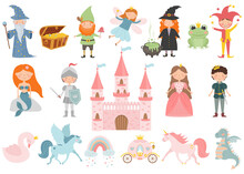 Set Of Cartoon Fairy Tale Characters. Princess, Prince, Fairy, Pegasus, Stargazer, Swan, Knight, Witch, Mermaid, Gnome, Unicorn, Frog Princess, Jester, Carriage, Dragon, Castle.