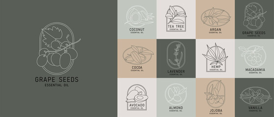 Vector set design templates and emblems - healthy and essential cosmetics oils. Different natural, organic oils. Logos in trendy linear style.