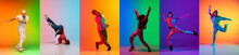 Bright Collage With Men Dancing Breakdance And Hip-hop Dancers Isolated On Multicolor Background In Neon. Youth Culture, Hip-hop, Style And Fashion, Action.