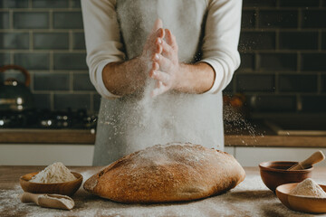 Young man making bread sprinkling flour on wooden table