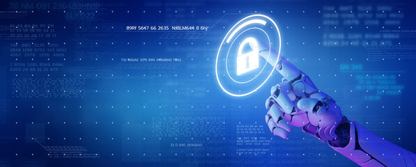 Cybersecurity online internet VPN antivirus software program protect data digital computer cyber crime identity privacy data hacking, AI artificial intelligence firewall, abstract 3D robot
