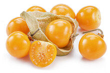 Ripe Physalis Or Golden Berry Fruits In Calyx Isolated On White Background.