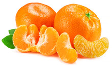 Ripe Tangerine Fruits With Leaf And Mandarin Slices On White Background.