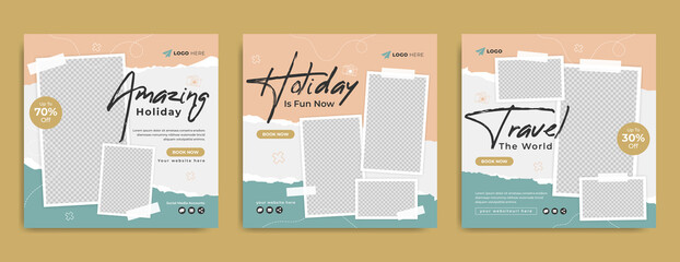Wall Mural - travel sale social media post template. summer beach holiday promotion flyer with agency logo and ic