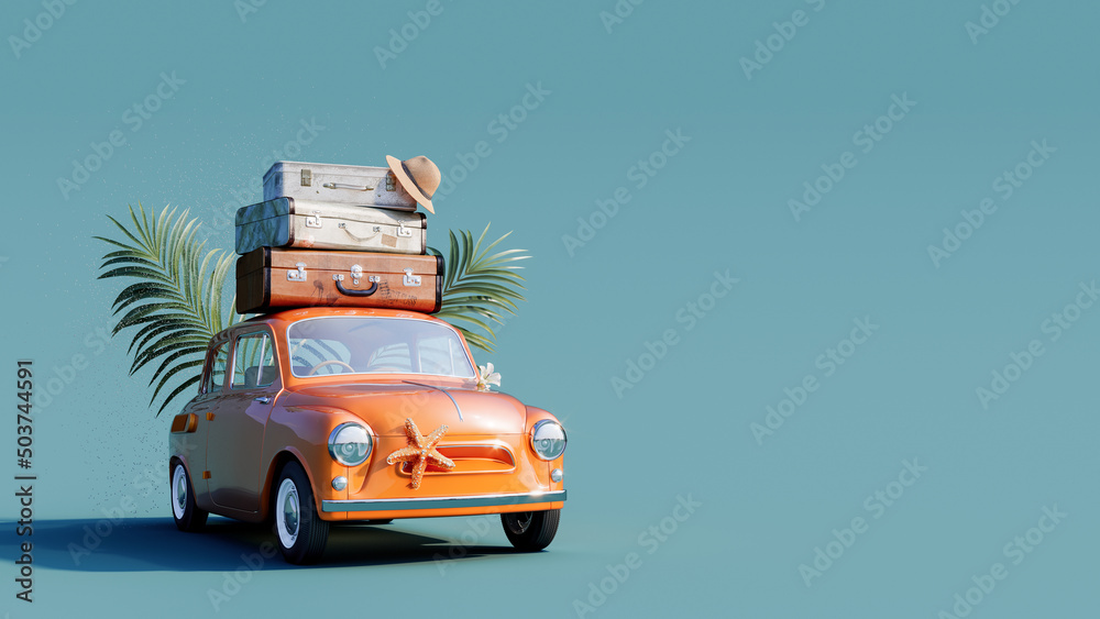 Orange retro car with luggage on the roof ready for summer travel 3D ...
