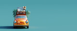 Front view of orange retro car with luggage on the roof ready for summer vacation 3D Rendering, 3D Illustration
