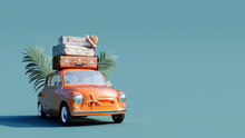 Orange Retro Car With Luggage On The Roof Ready For Summer Travel 3D Rendering, 3D Illustration