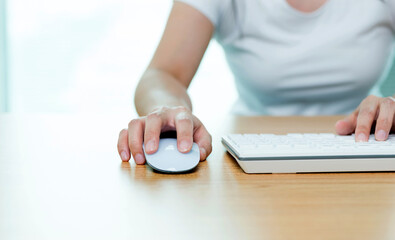 Wall Mural - Close up of female hands typing on keyboard and using mouse