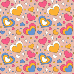 Wall Mural - Seamless pattern with retro hearts and sparkles. Summer simple minimalist heart. 70 s style love. Colorful background. Vector illustration