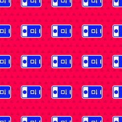 Blue Mobile phone with record frame camera icon isolated seamless pattern on red background. Mobile app application. Photo and video shooting. Vector