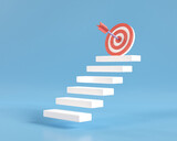 Fototapeta  - 3d step with red arrow center on top stair. business strategy step to success. goal and target achievement concept. dart hit on bulleyes. 3d render illustration minimal style.