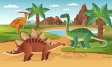 Fototapeta Dinusie - Vector collection of cute flat dinosaurs, including stegosaurus, brachiosaurus, highlighted against the background of jungles and mountains