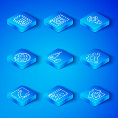 Poster - Set line Location with wrench spanner, Electric drill machine, Browser setting, Wrench and gear, Light bulb, Gear arrows as workflow, Calculator and House icon. Vector