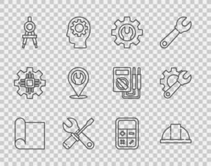 Poster - Set line Graphing paper for engineering, Worker safety helmet, Wrench spanner and gear, Screwdriver wrench, Drawing compass, Location with, Calculator and icon. Vector