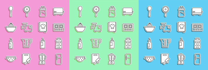 Sticker - Set line Refrigerator, Grater, Gas stove, Salt, Kitchen meat grinder, Citrus fruit juicer, Spoon and Cookbook icon. Vector