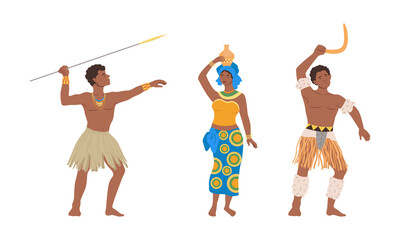 Wall Mural - Barefoot African Aboriginal Man and Woman Character Dressed in Traditional Tribal Clothing with Spear and Carrying Vase Vector Illustration Set