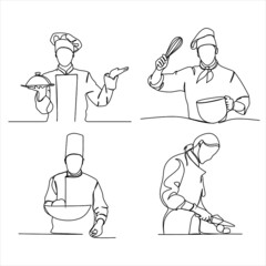 Set of creative templates of continuous line drawings of chef, toque chef hats isolated on white background. The chefs are holding a plate with a place to eat. One line chef vector